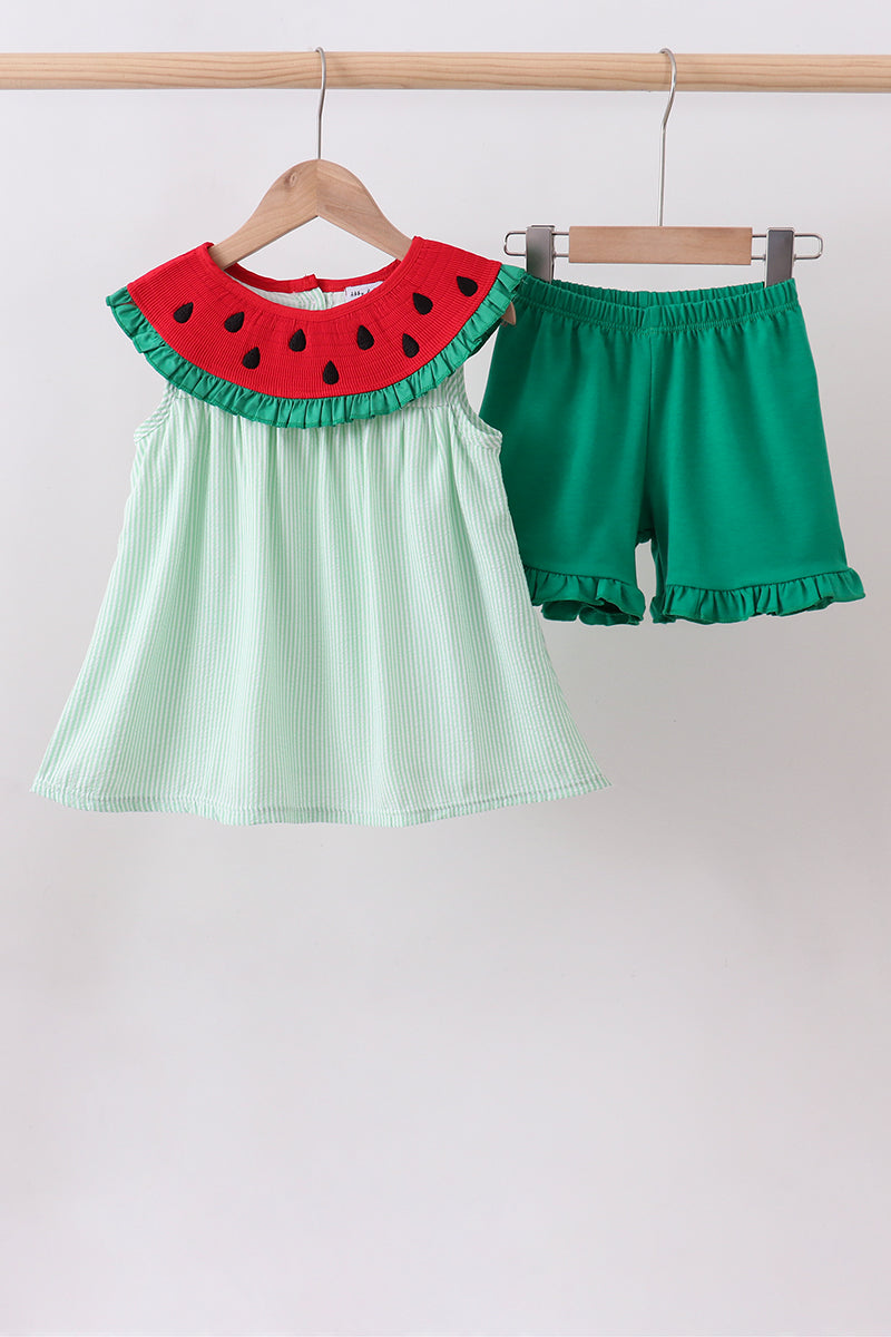 Green watermelon seersucker smocked ruffle shorts set