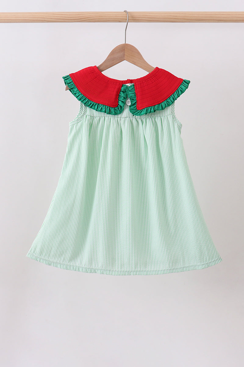 Green watermelon seersucker smocked ruffle dress