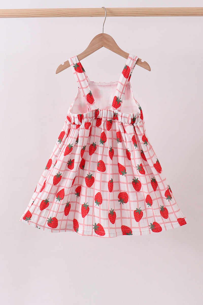 Red strawberry muslin plaid dress