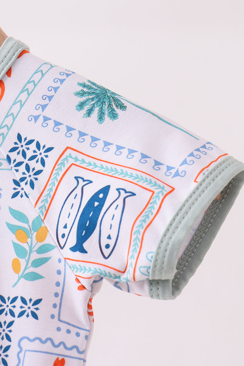 Coconut trees lobsters print bamboo romper