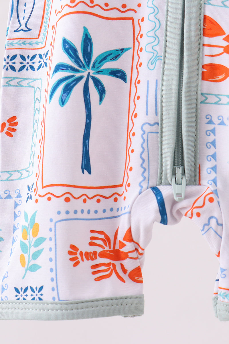 Coconut trees lobsters print bamboo romper