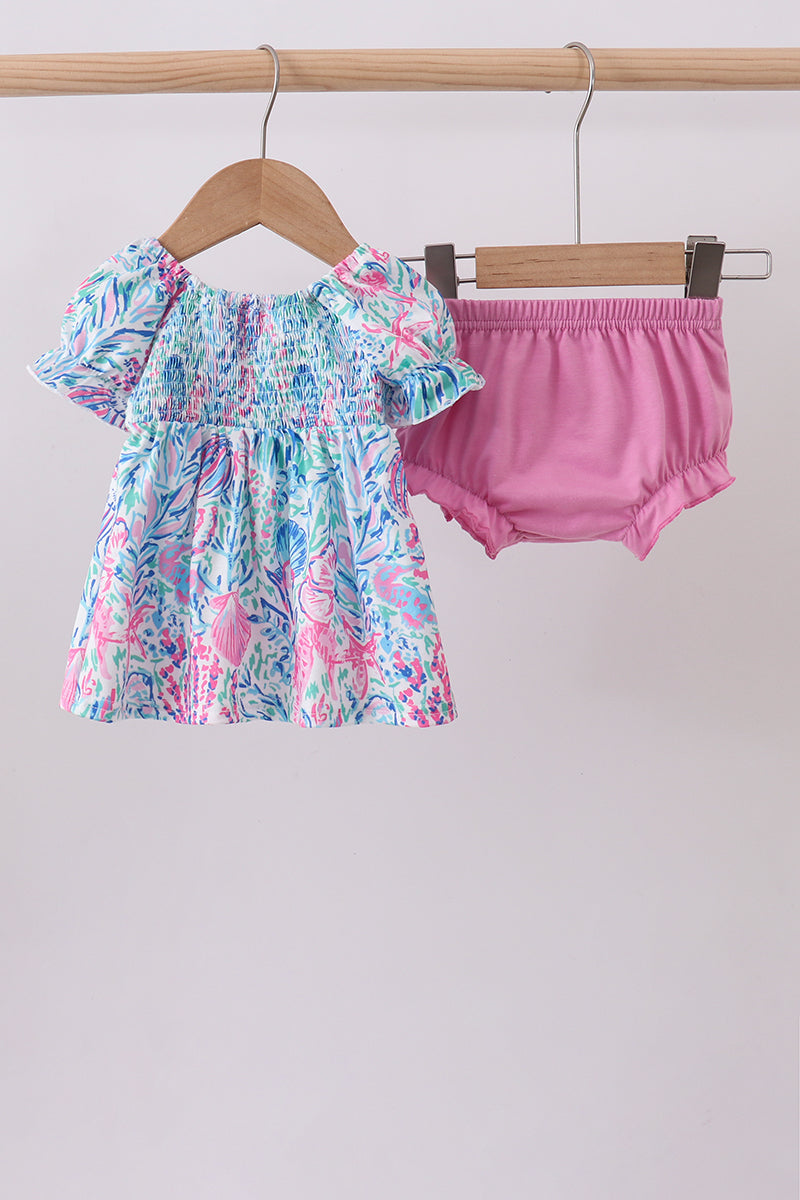 Blue marine smocked ruffle bloomer set