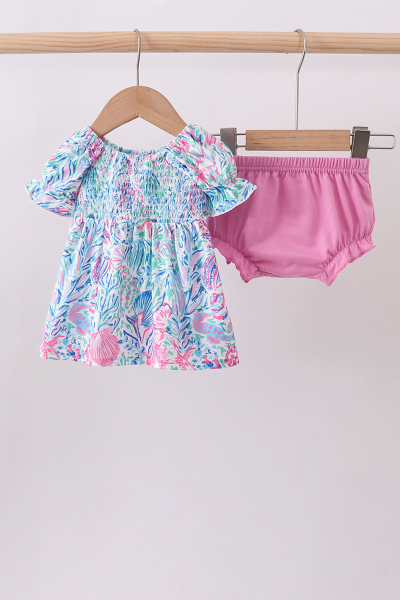 Blue marine smocked ruffle bloomer set