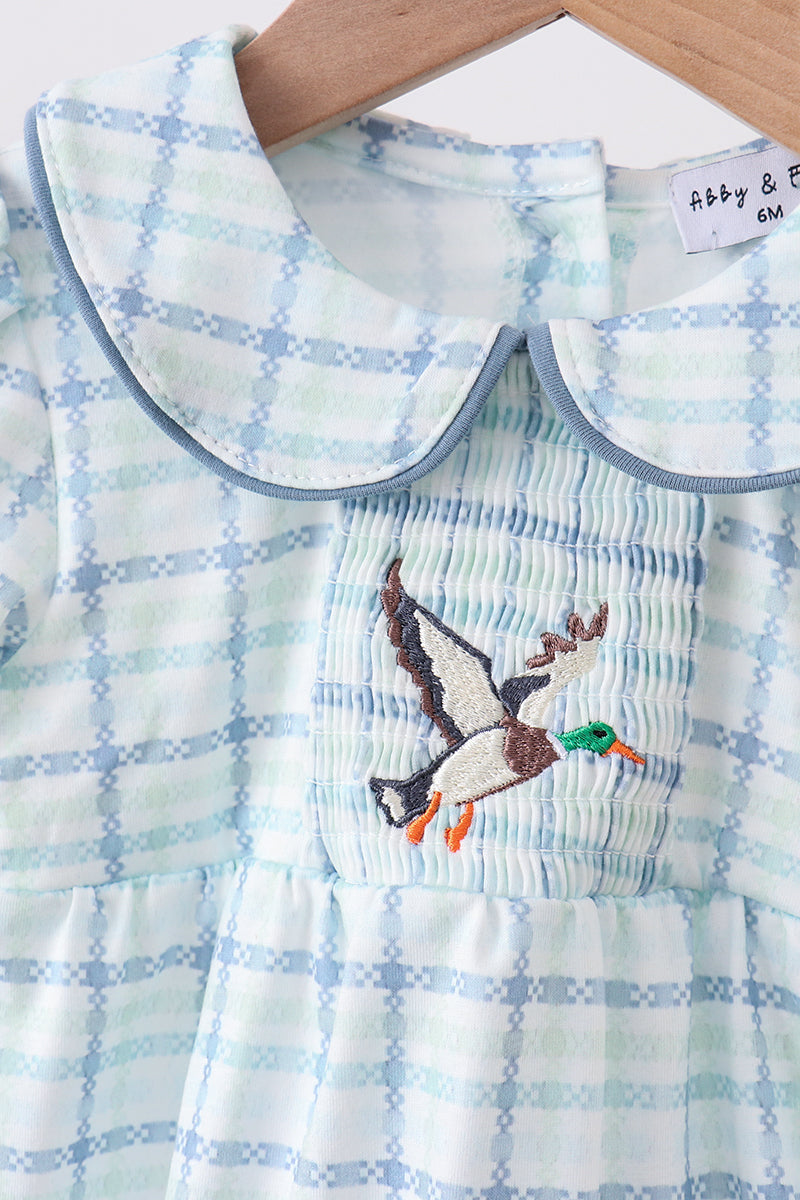 Blue plaid duck smocked bubble