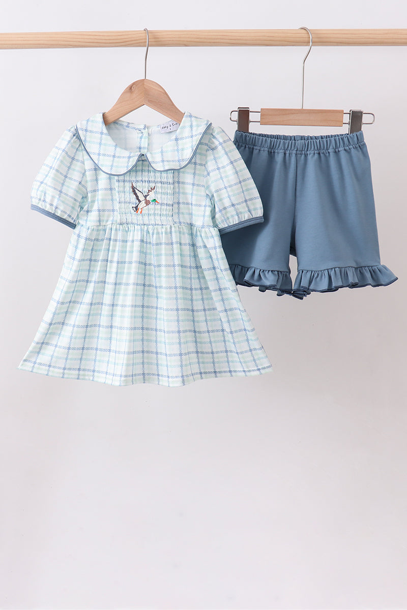 Blue plaid duck smocked ruffle shorts set