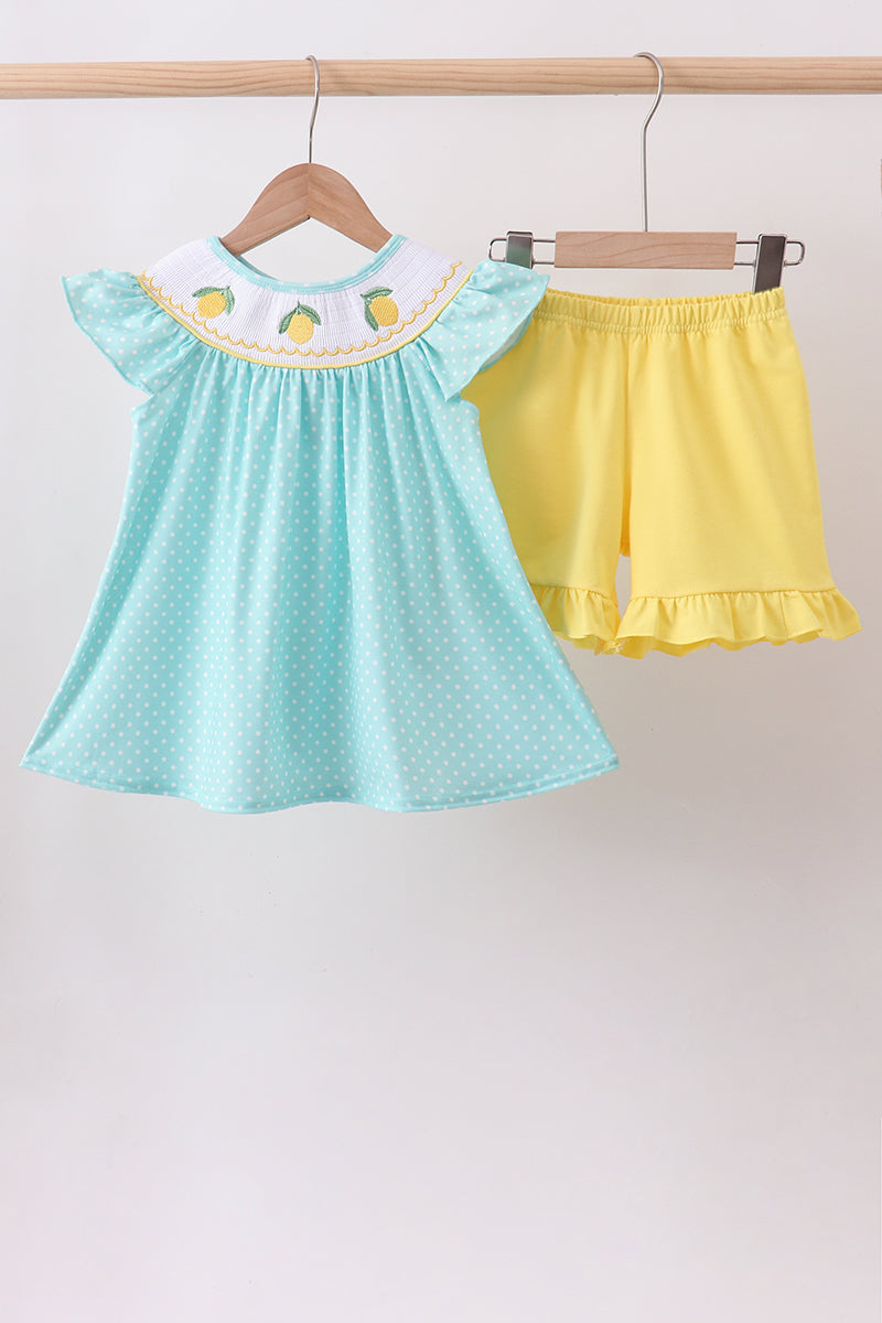 Summer lemon smocked ruffle shorts set