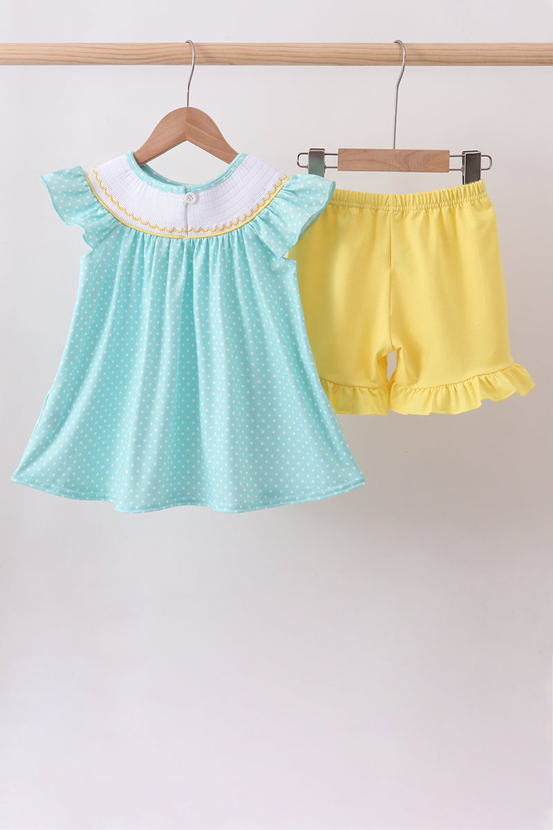 Summer lemon smocked ruffle shorts set