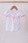 White cross smocked ruffle bubble