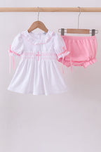 White cross smocked ruffle bloomer set