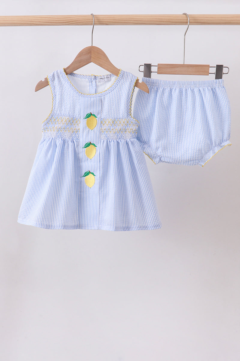 Blue lemon embroidery seersucker bloomer set