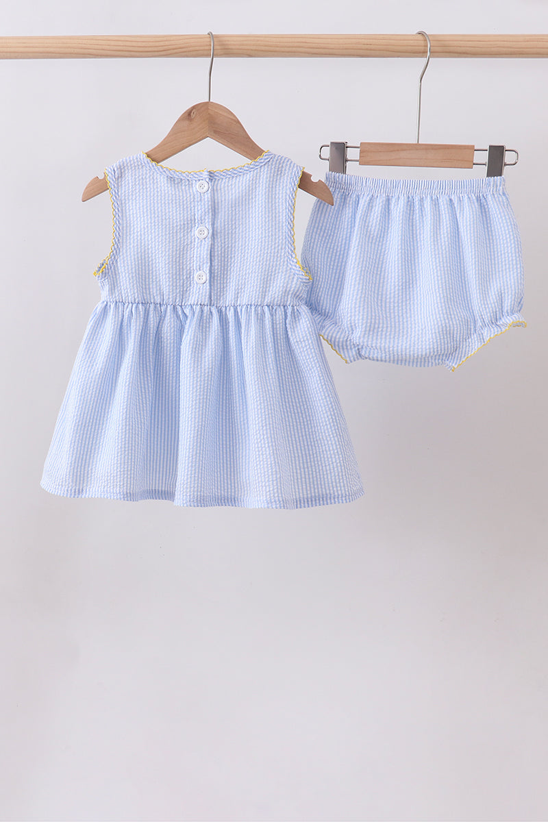 Blue lemon embroidery seersucker bloomer set