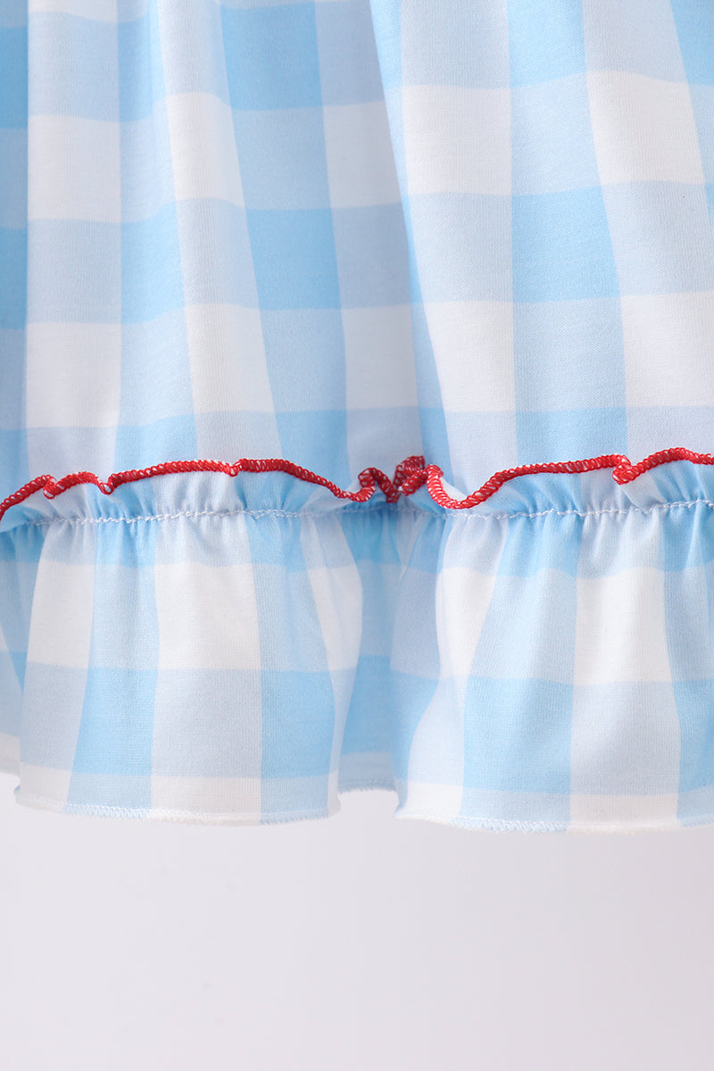 Blue America embroidery gingham ruffle shorts set