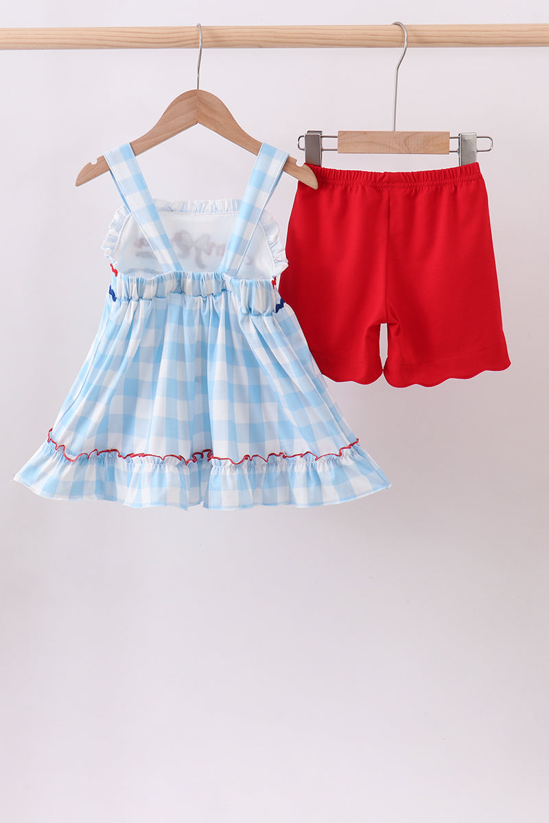 Blue America embroidery gingham ruffle shorts set