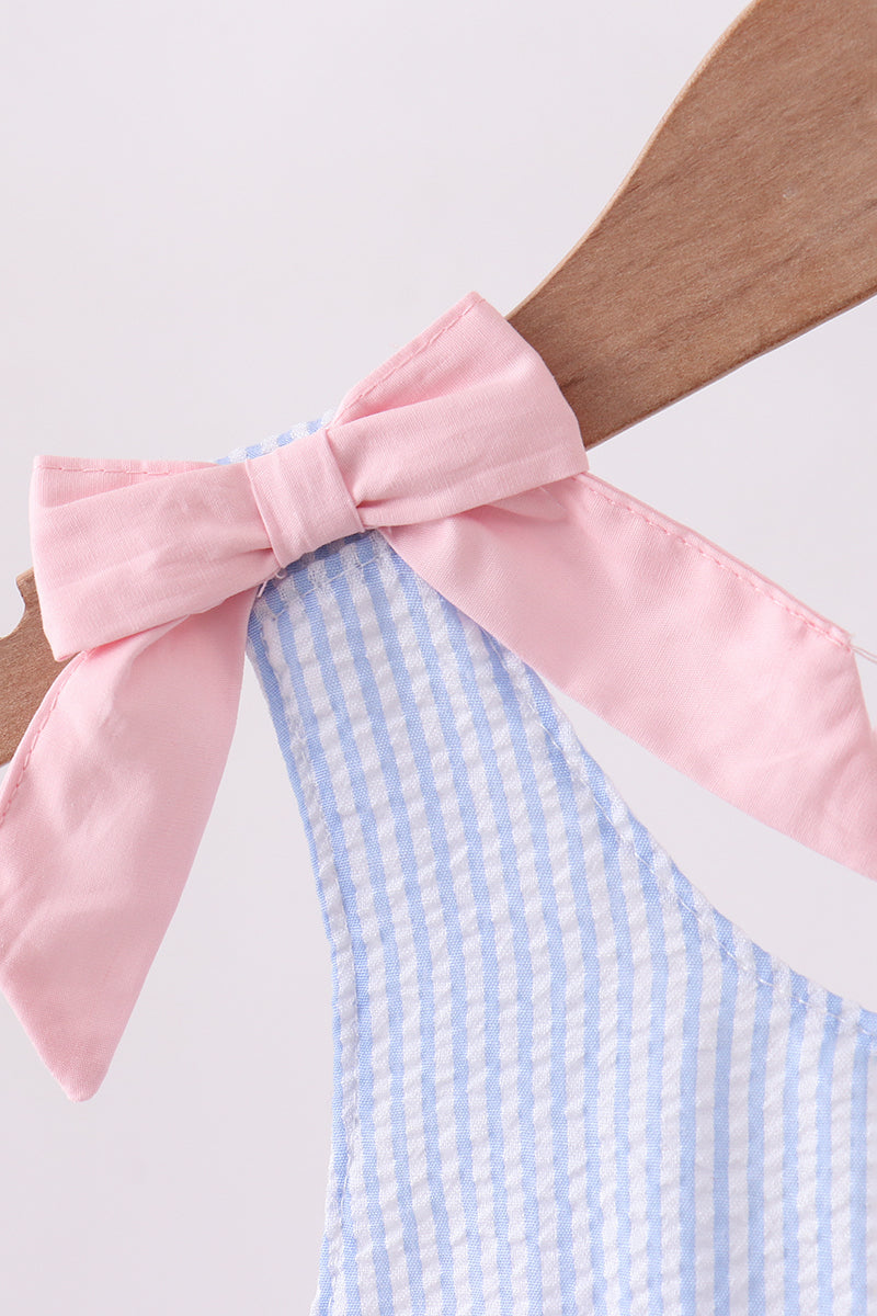 Blue stripe seersucker crab embroidery swimsuit