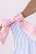 Blue stripe seersucker crab embroidery swimsuit