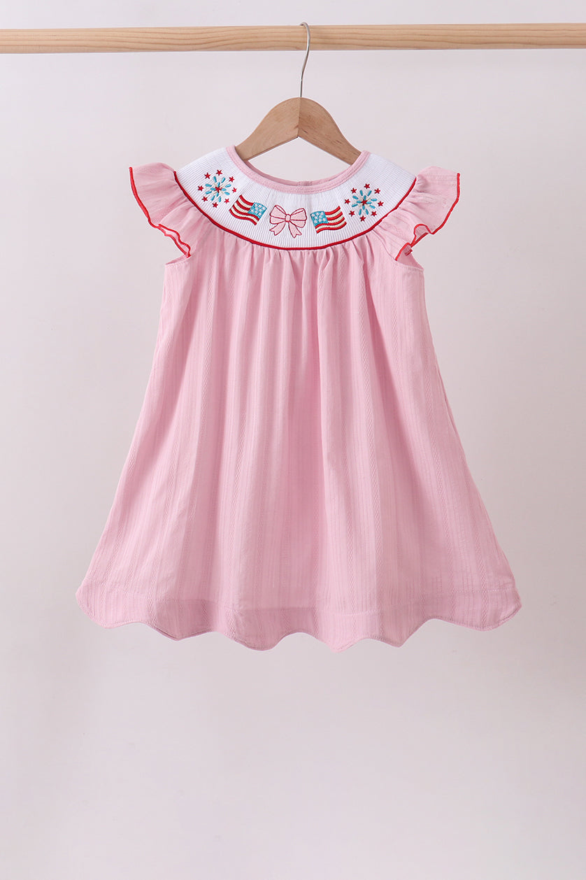 Pink fireworks flag smocked jacquard scalloped ruffle dress