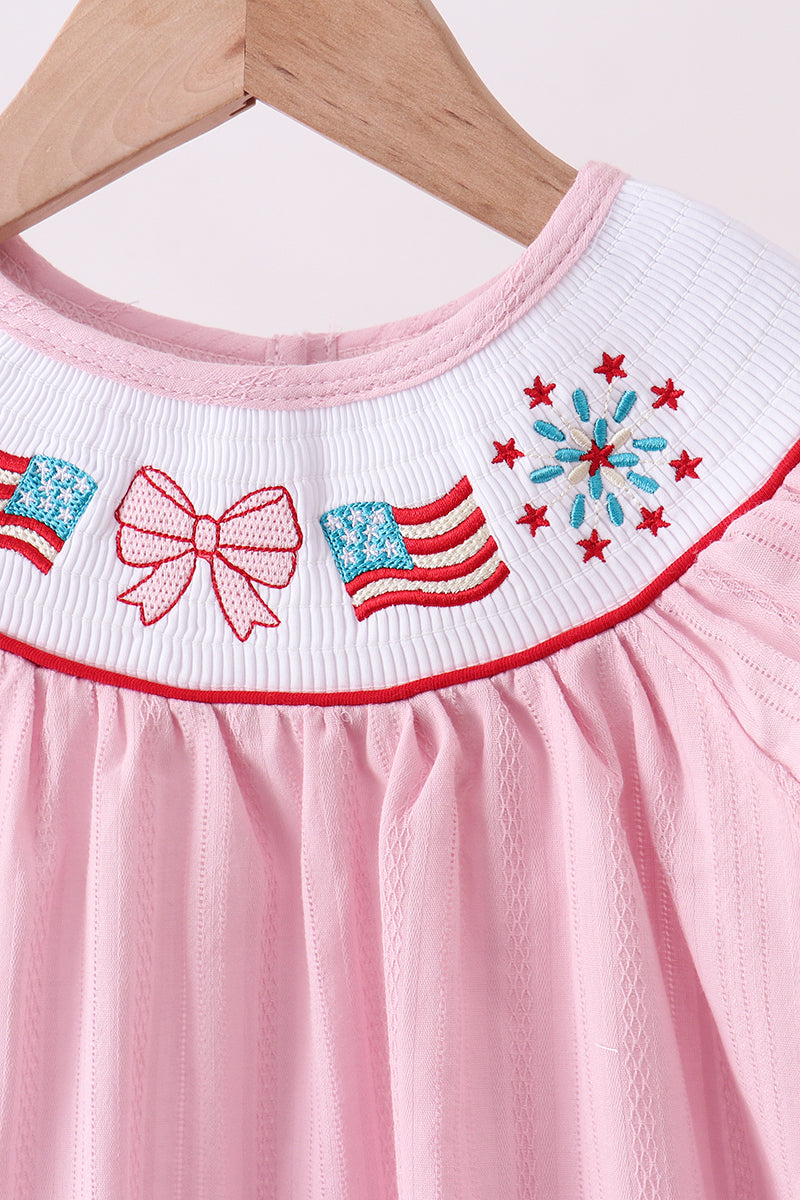 Pink fireworks flag smocked jacquard scalloped ruffle dress