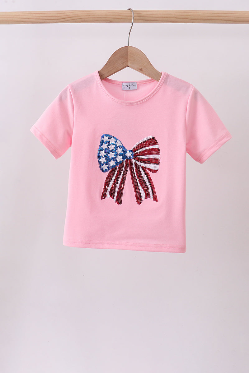 Pink flag bow sequin mom&me top