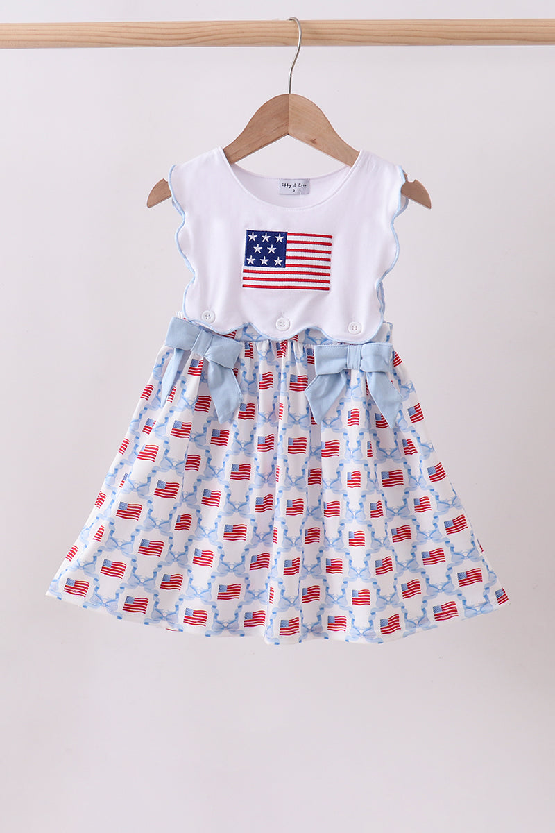 Blue flag embroidery bow dress