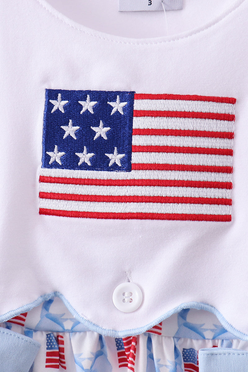 Blue flag embroidery bow dress