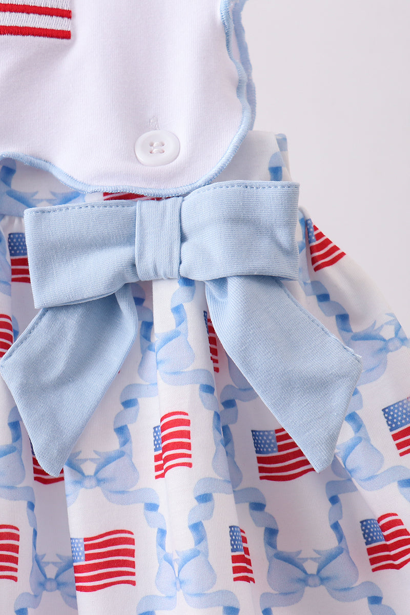 Blue flag embroidery bow dress