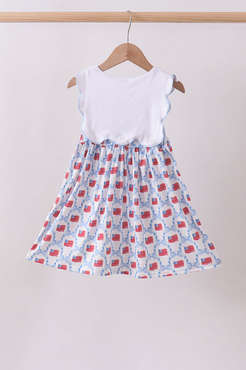 Blue flag embroidery bow dress
