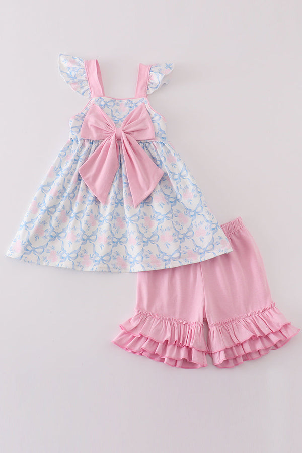 Blue bow tie print girl set
