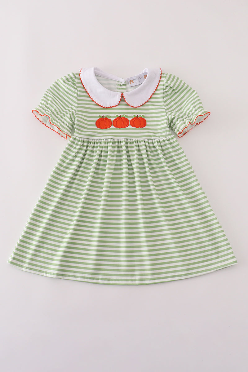 Green stripe embroidery dress