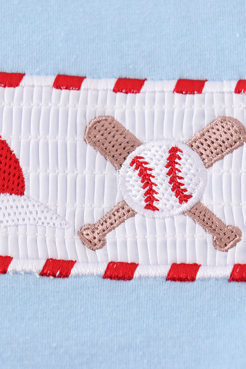 Blue baseball embroidery smocked set