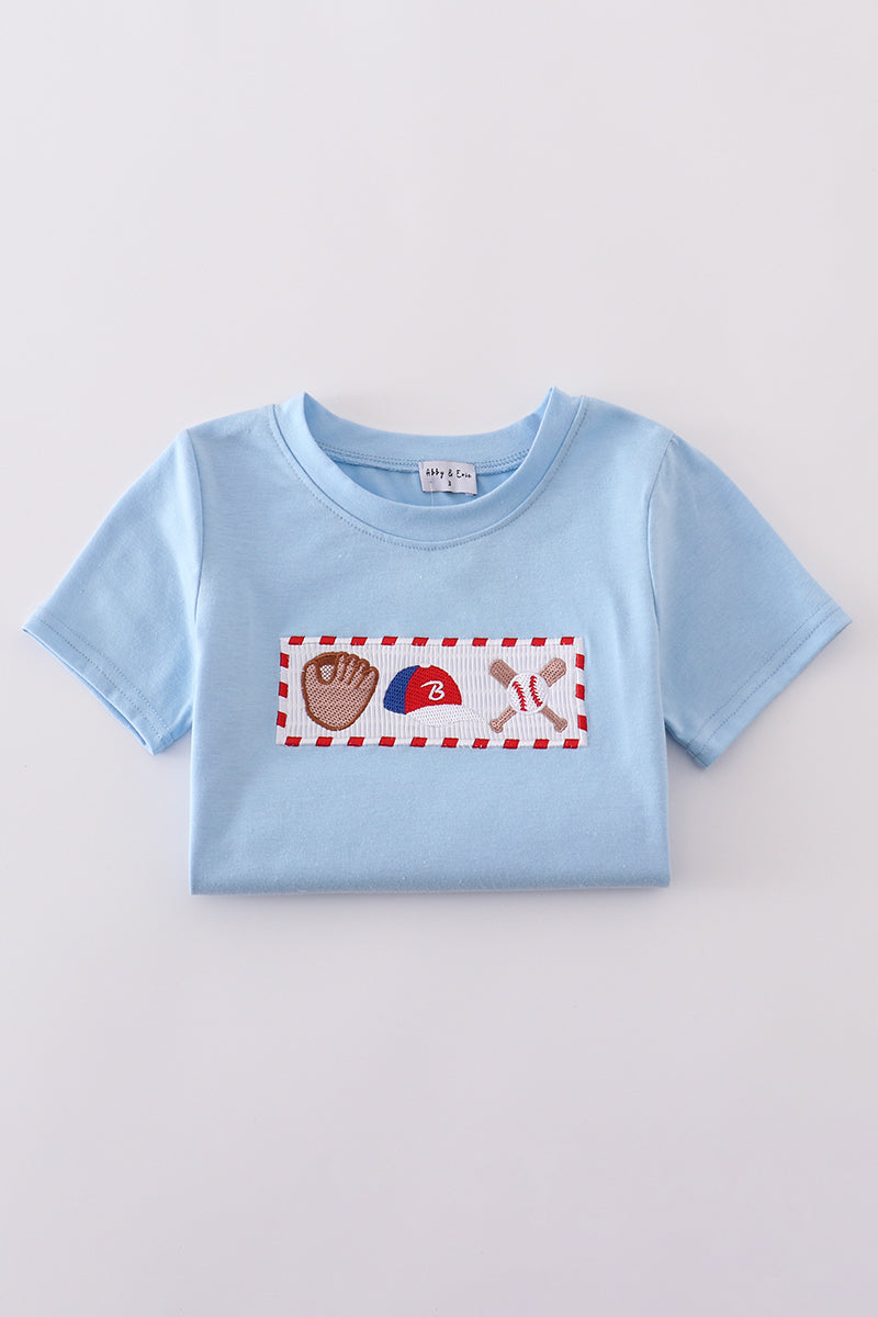 Blue baseball embroidery smocked set