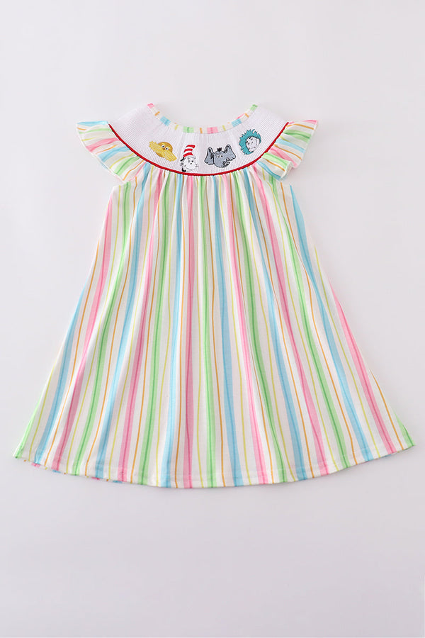 Stripe Dr. Seuss embroidery smocked dress