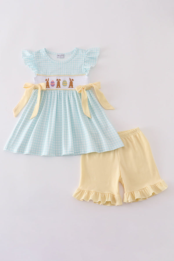 Blue bunny embroidery smocked set