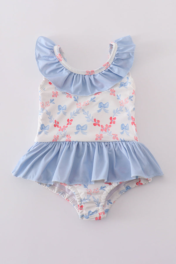 Blue bow lattice print  swimsuit