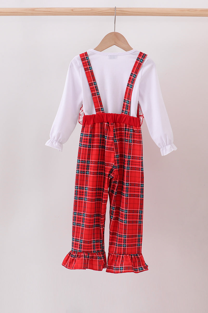 Red tree embroidery plaid ruffle jumpsuit set