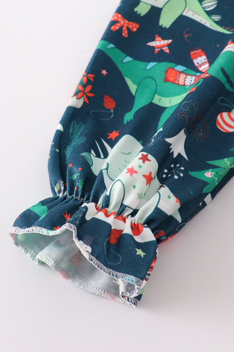 Green dinosaur print ruffle gown