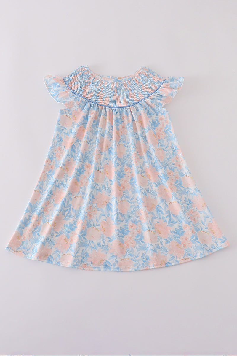 Blue bloom elegance smocked ruffle dress