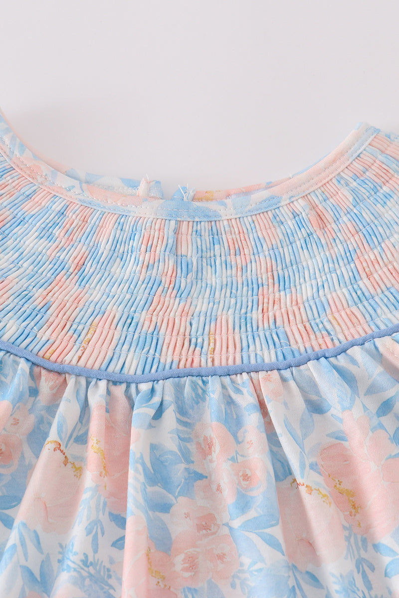 Blue bloom elegance smocked ruffle dress