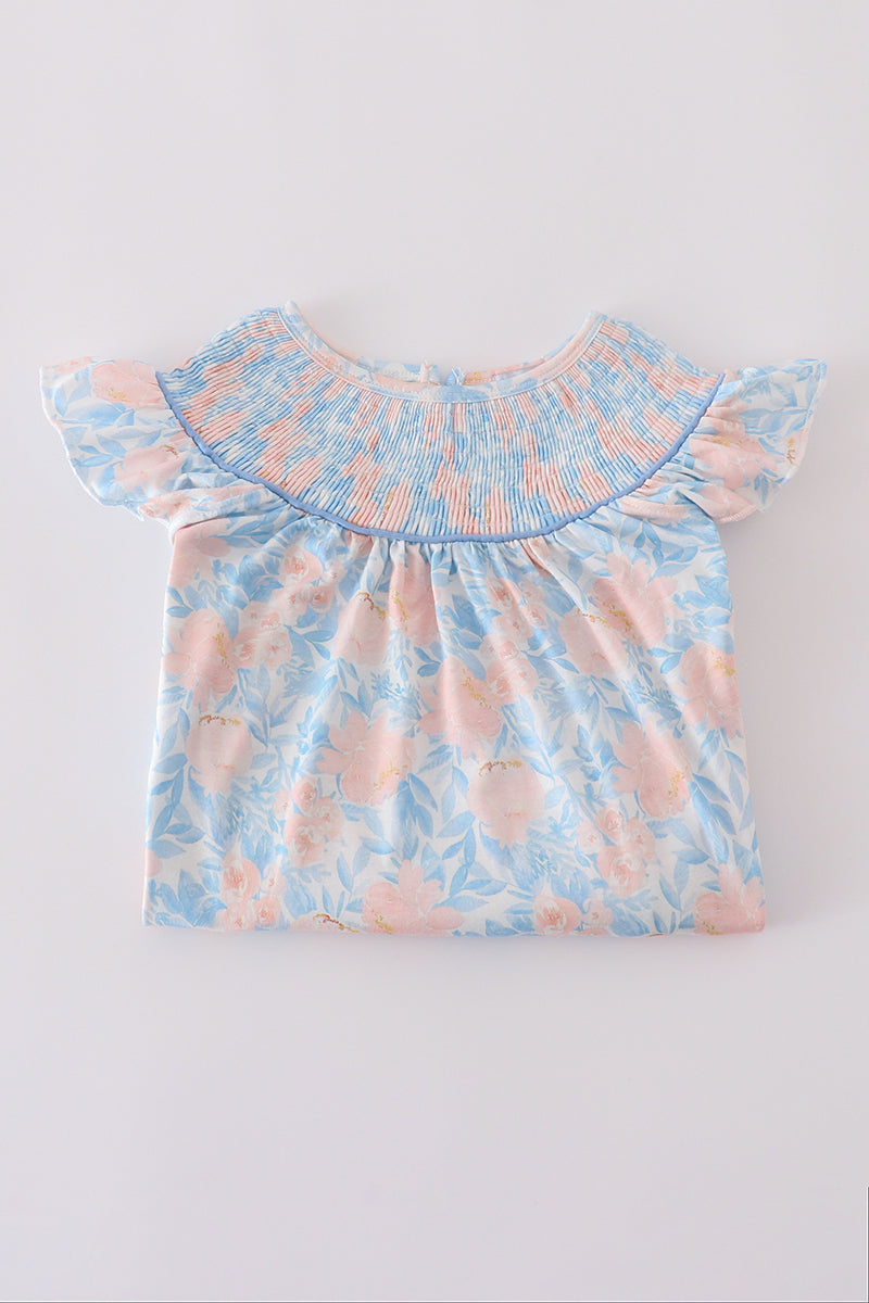 Blue bloom elegance smocked ruffle dress
