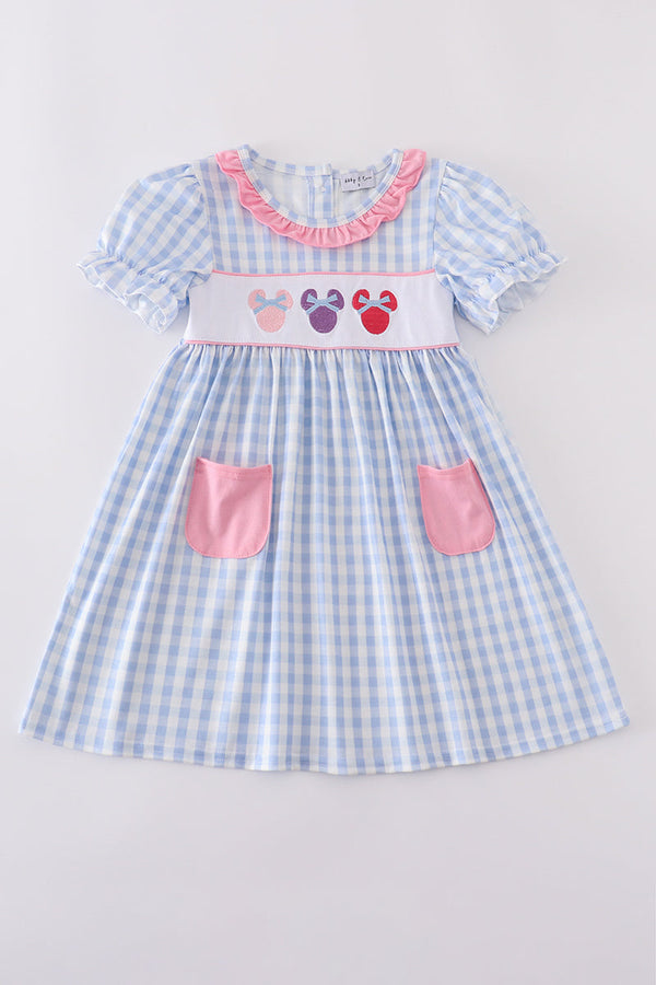 Blue character embroidery gingham ruffle dress