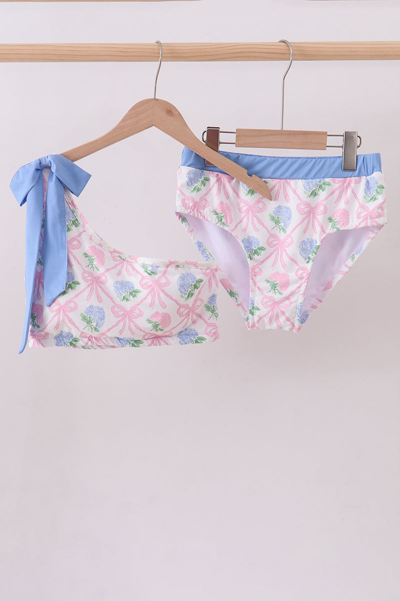 Blue bow floral women 2pc swimsuit