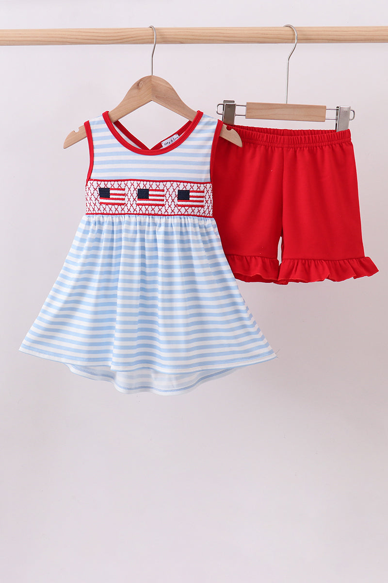 Red flag smocked stripe ruffle shorts set