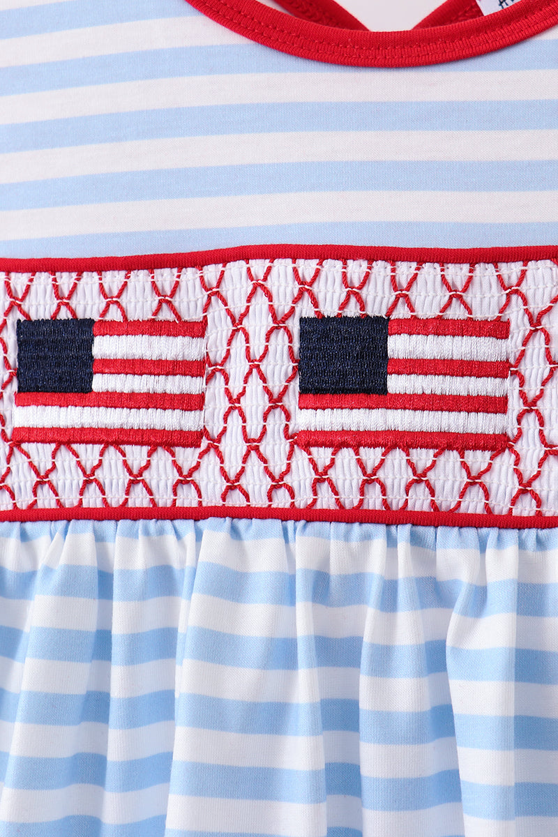 Red flag smocked stripe ruffle shorts set
