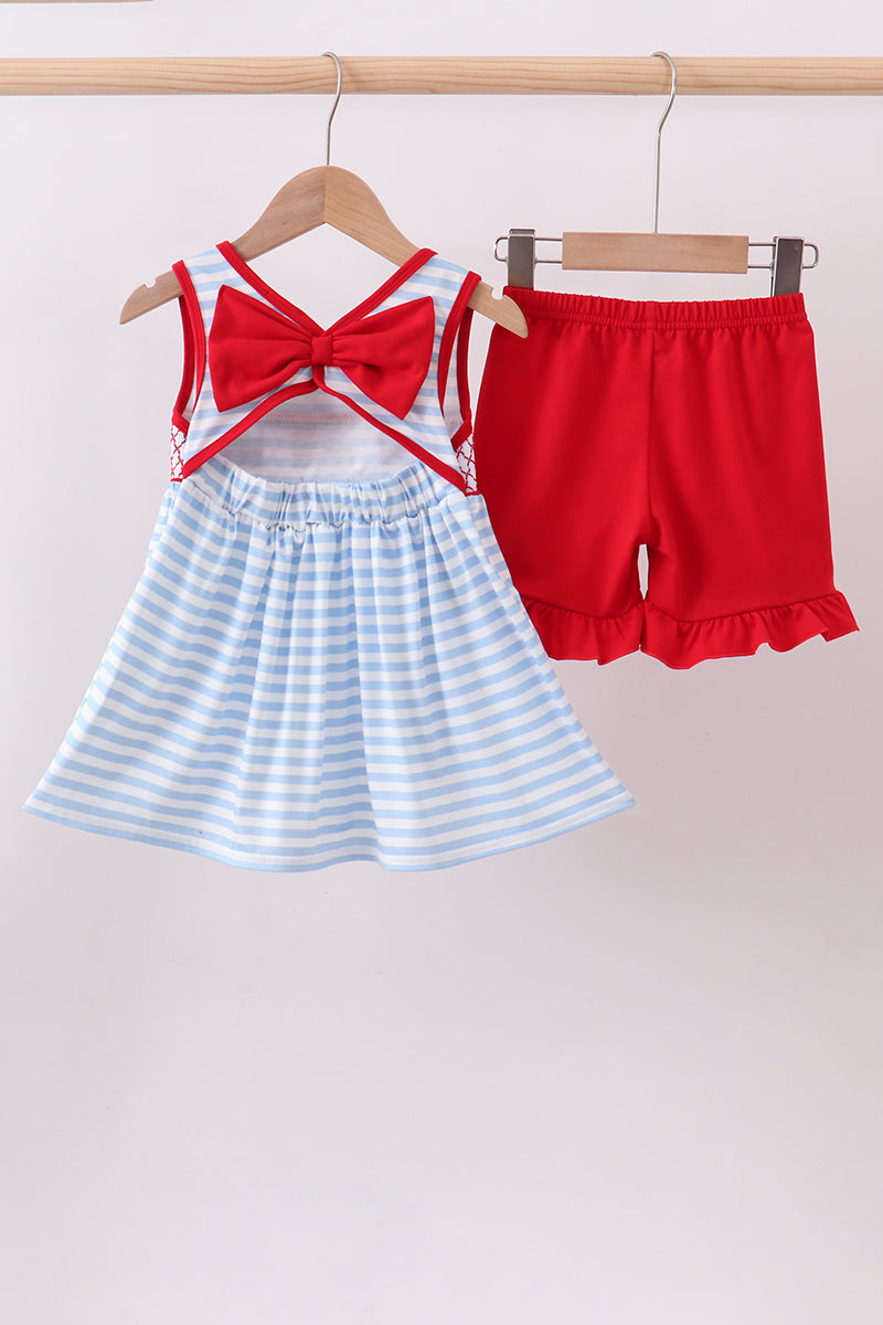 Red flag smocked stripe ruffle shorts set