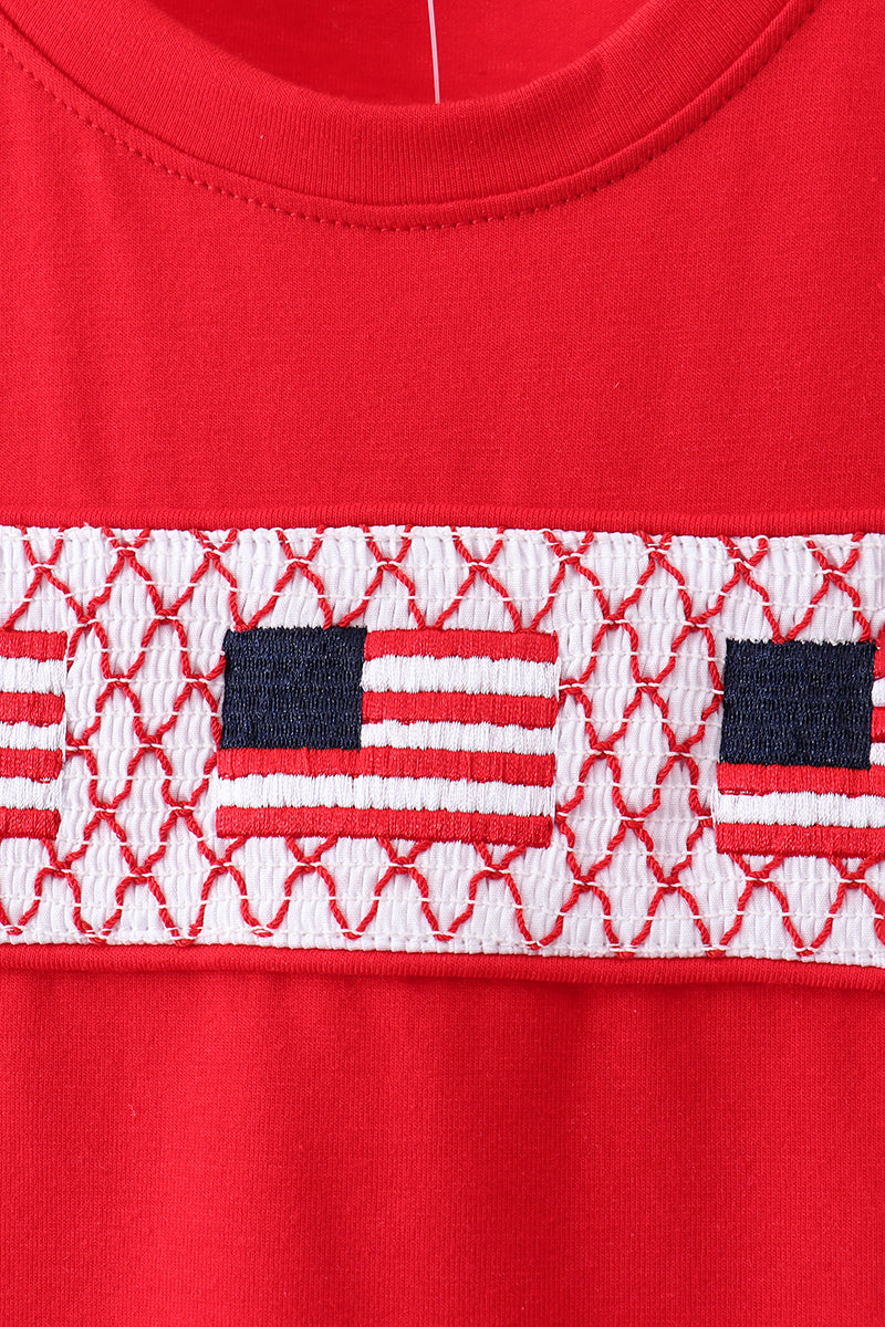 Red flag smocked stripe shorts set