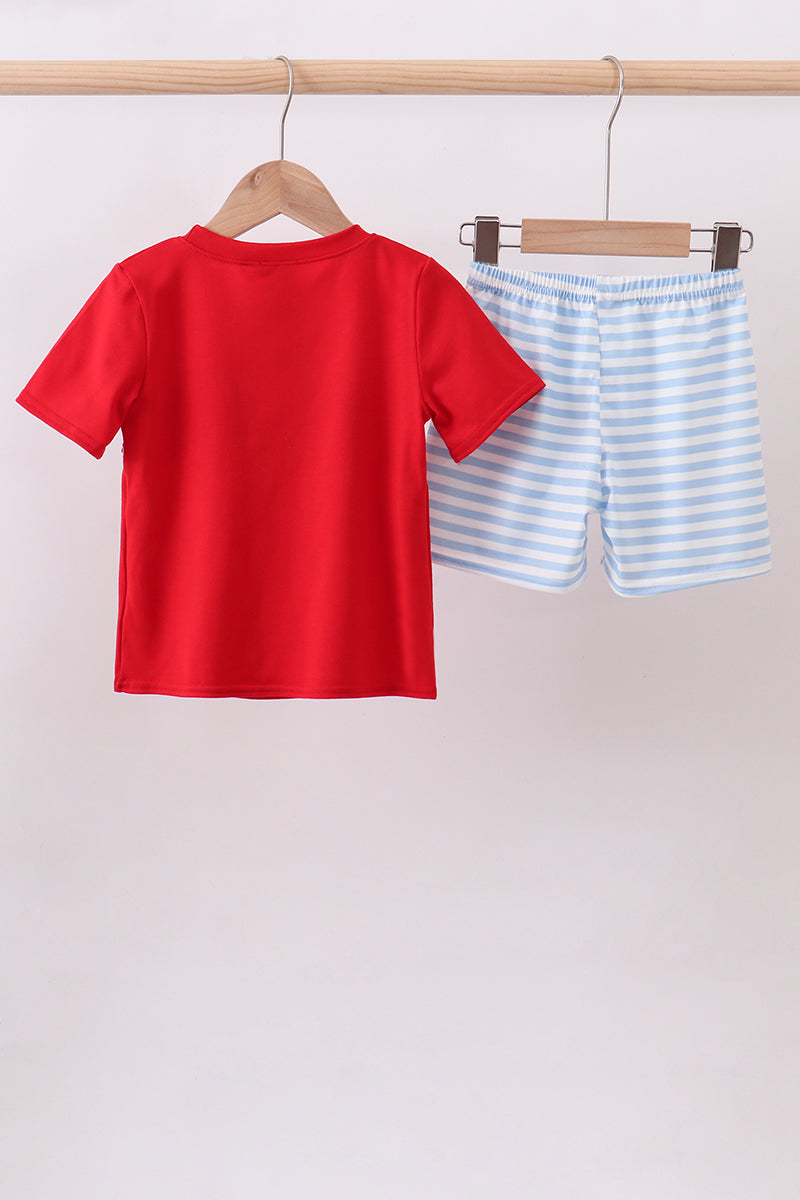 Red flag smocked stripe shorts set
