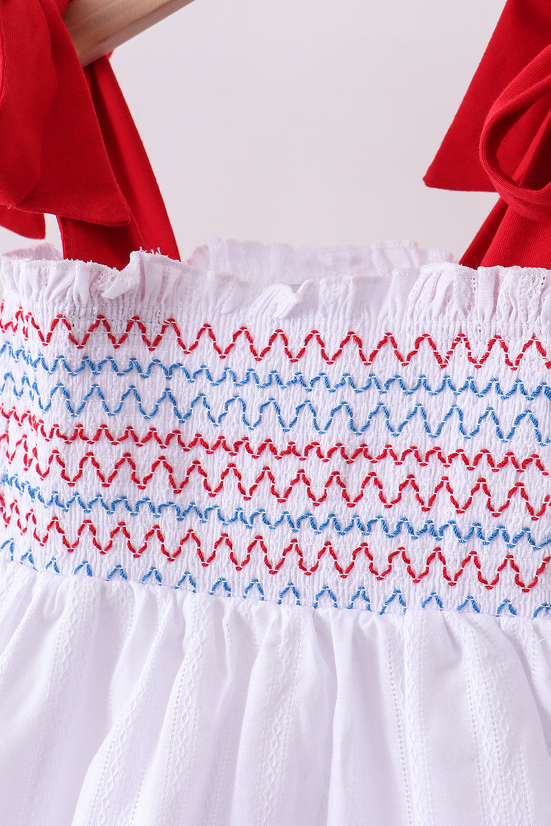 White smocked jacquard ruffle shorts set