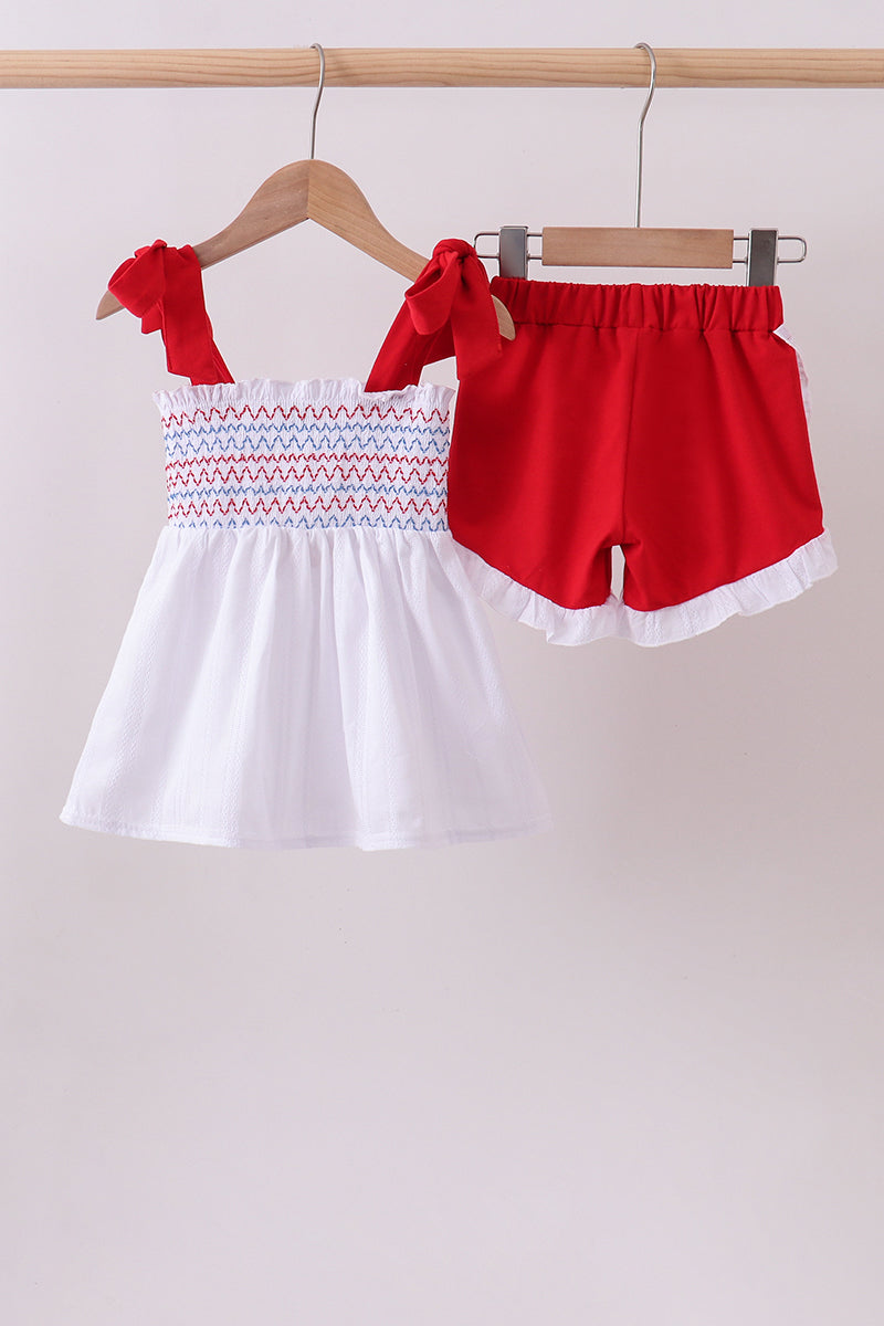 White smocked jacquard ruffle shorts set