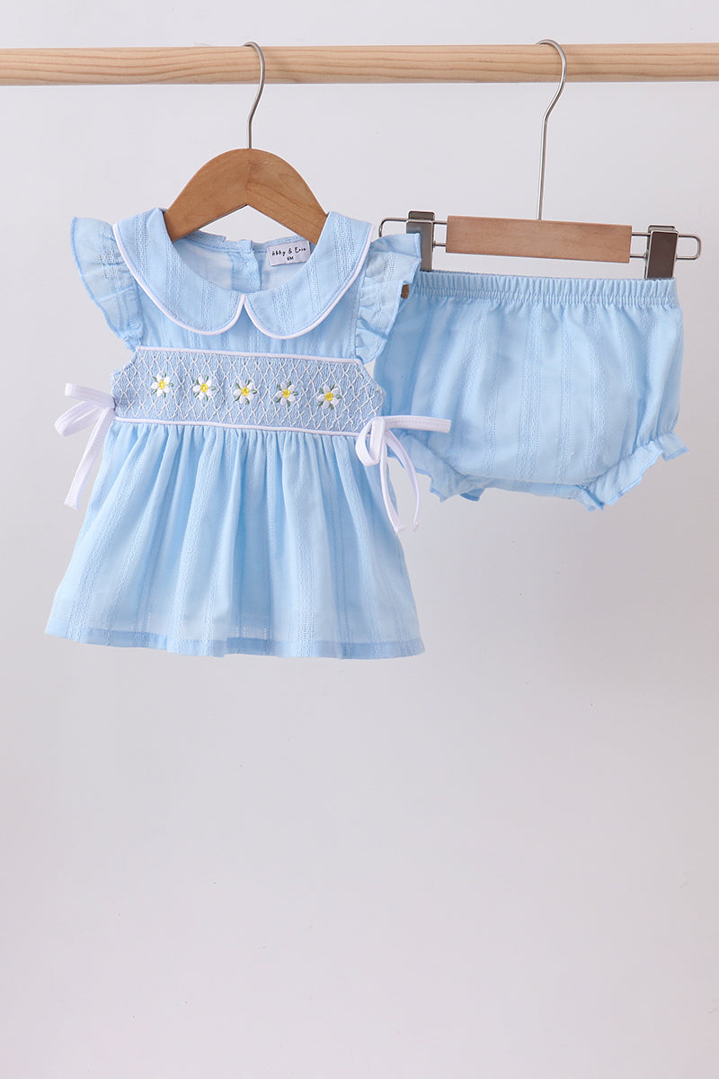Blue floral smocked jacquard ruffle bloomer set