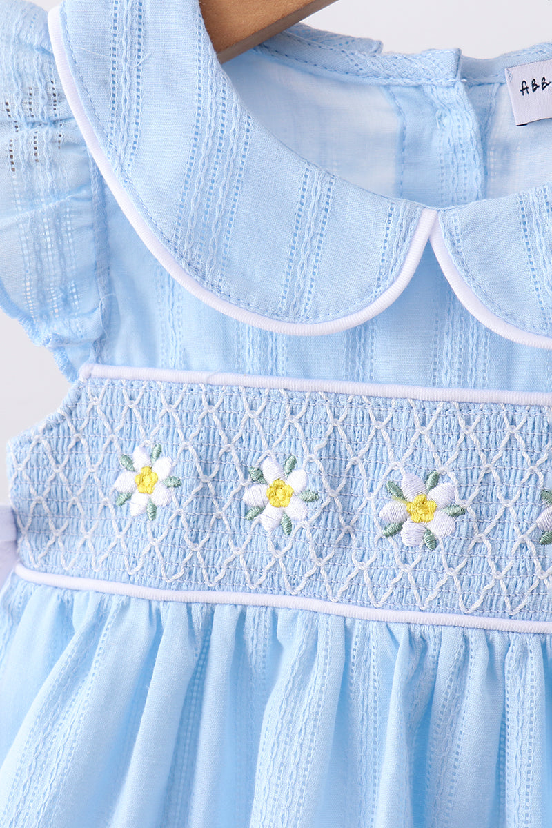 Blue floral smocked jacquard ruffle bloomer set