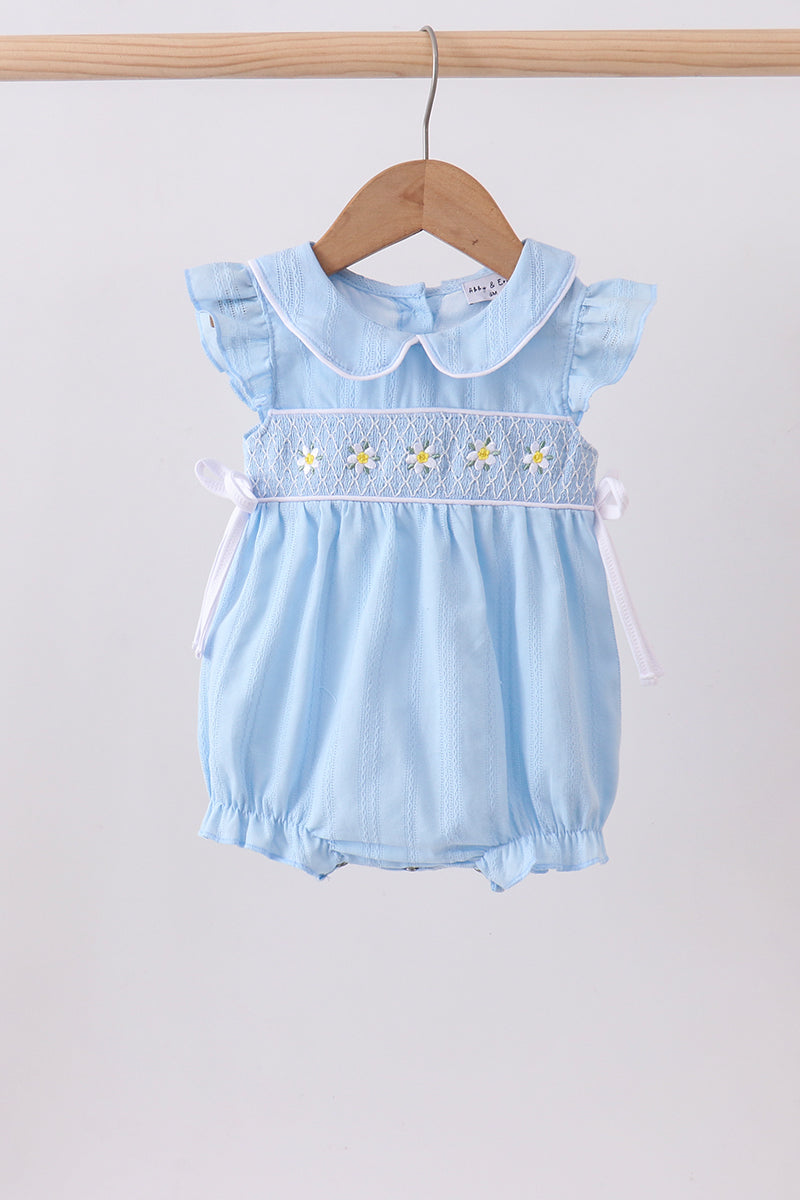 Blue floral smocked jacquard ruffle bubble